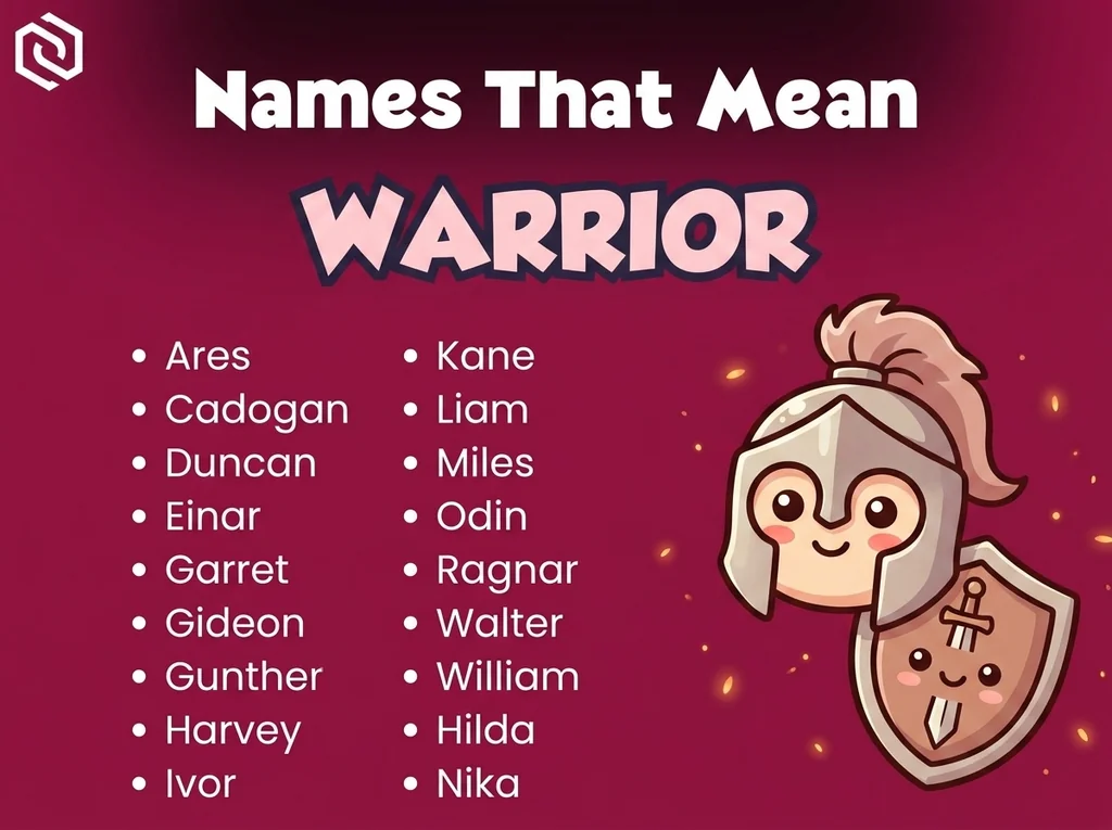 Infographic of baby names that mean warrior: Kane, Liam, Duncan and Miles