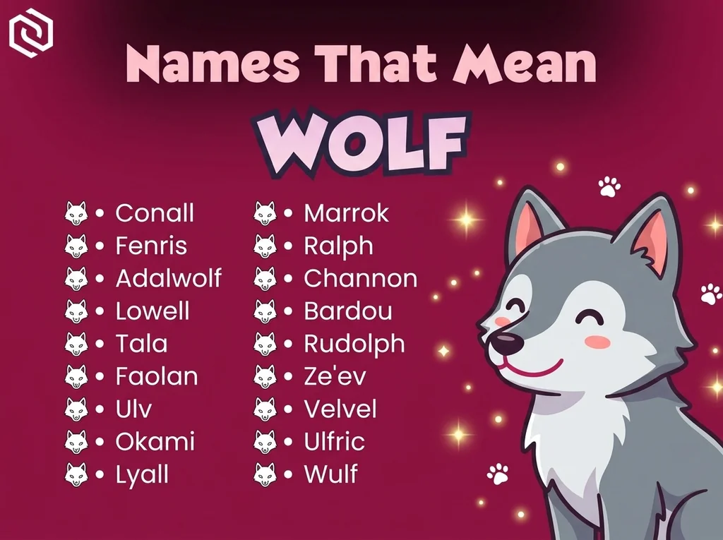 Infographic of baby names that mean wolf: Rudolph, Wulf, Conall and Marrok