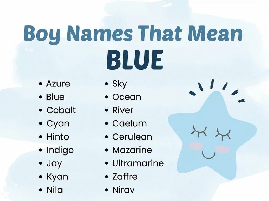 Infographic of boy names that mean blue: Azure, Cyan, Caelum and Hinto