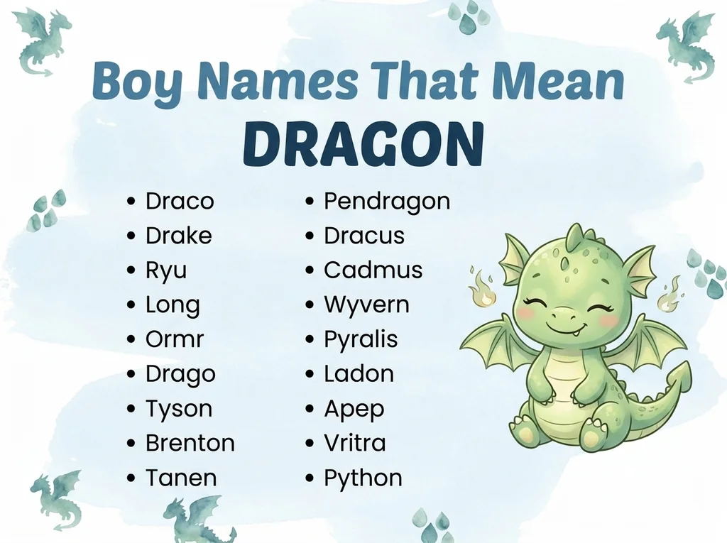 Infographic of boy names that mean dragon: Draco, Pendragon, Drake and Long