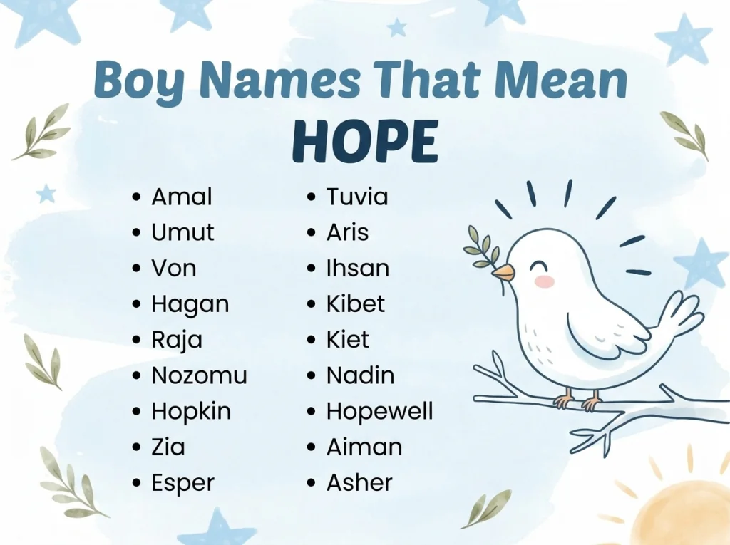 Infographic of boy names that mean hope: Amal, Umut, Von and Asher