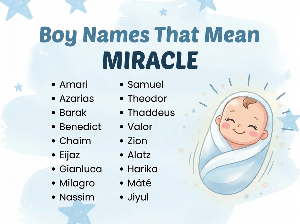 Infographic of boy names that mean miracle: Amari, Milagro, Samuel and Azarias