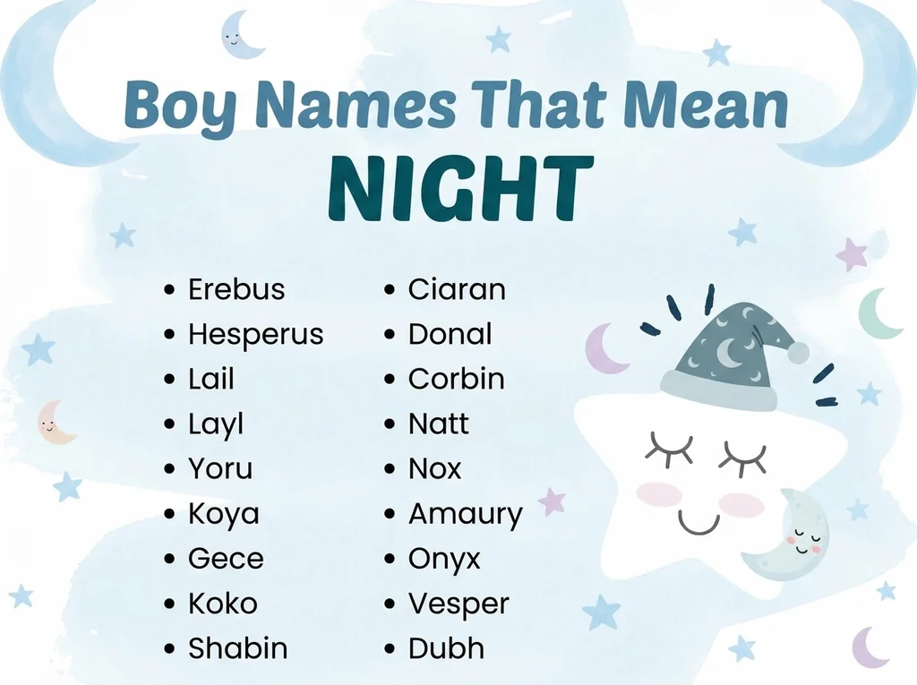 Infographic of boy names that mean night: Erebus, Nox, Vesper and Ciaran