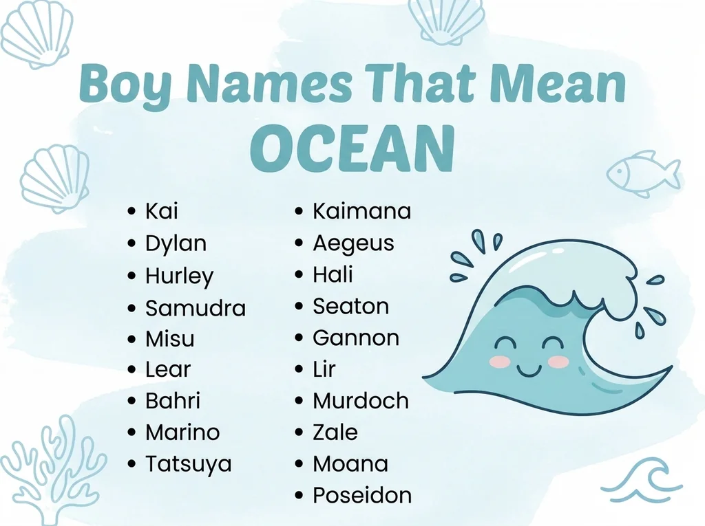 Infographic of boy names that mean ocean: Kaimana, Dylan, Hurley and Murdoch