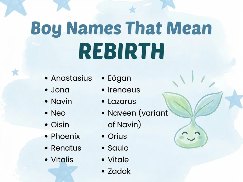 Infographic of boy names that mean rebirth: Anastasius, Neo, Naveen and Phoenix