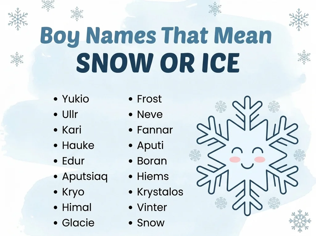 Infographic of boy names that mean snow or ice: Yukio, Frost, Neve and Fannar