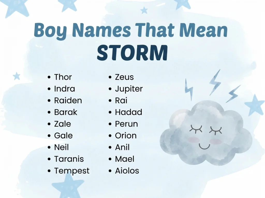 Infographic of boy names that mean storm: Thor, Zeus, Jupiter and Raiden