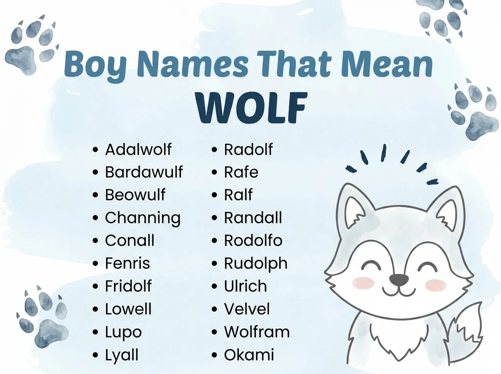 Infographic of boy names that mean wolf: Channing, Rudolph, Ulrich and Lupo