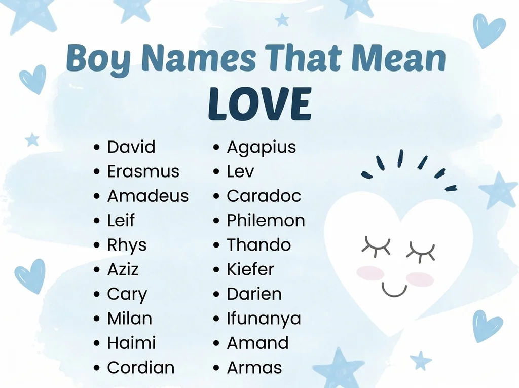 Infographic of boy names that mean love: David, Erasmus, Amadeus and Agapius