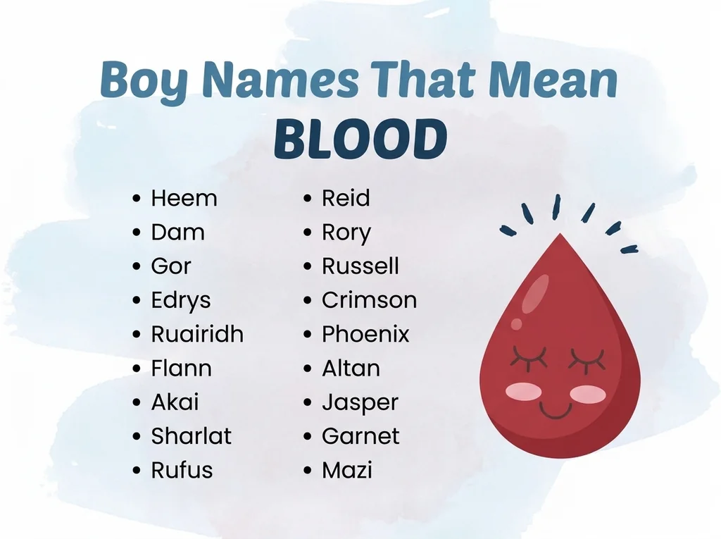 Infographic of boy names that mean blood: Heem, Dam, Gor and Russell