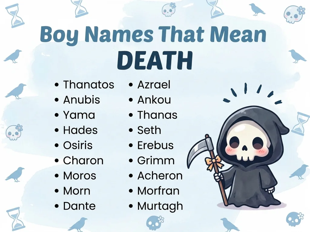 Infographic of boy names that mean death: Anubis, Ankou, Yama and Hades