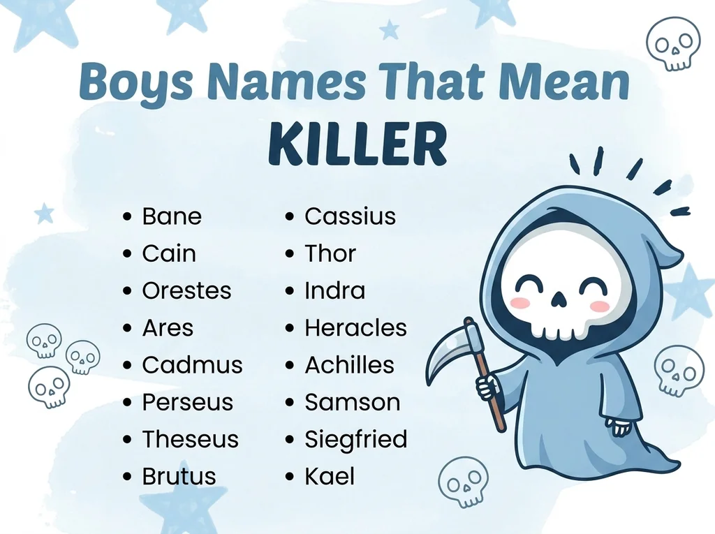 Infographic of boy names that mean killer: Orestes, Heracles, Achilles and Perseus