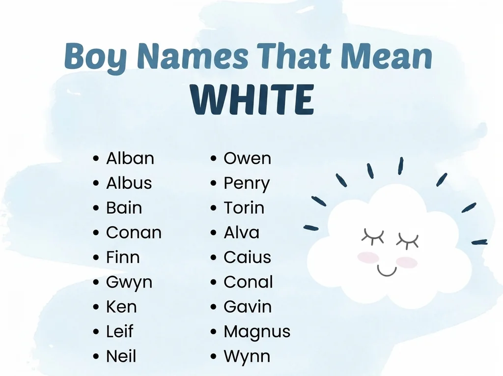 Infographic of boy names that mean white: Alban, Albus, Finn and Gwyn
