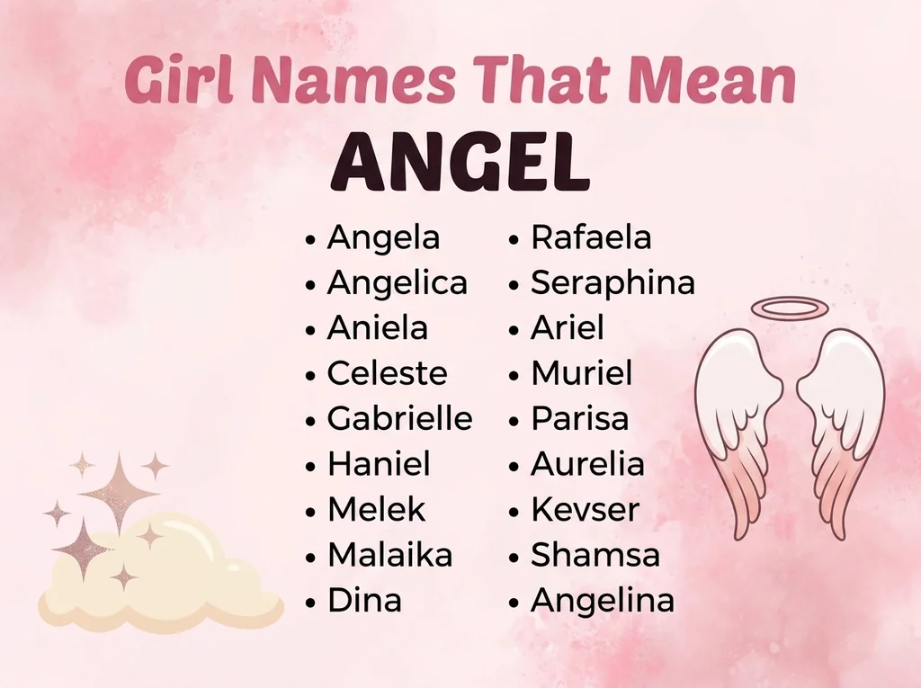 Infographic of girl names that mean angel: Angela, Aniela, Ariel and Celeste