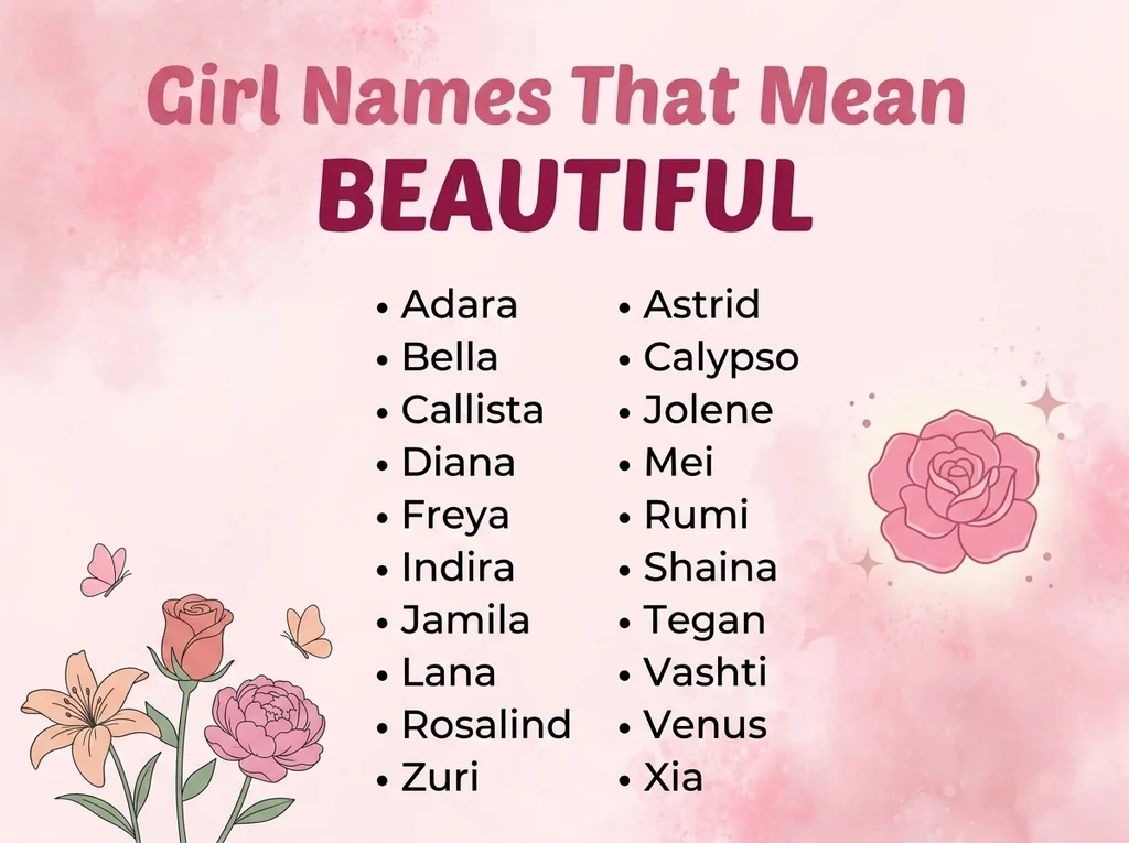 Infographic of girl names that mean beautiful: Bella, Callista, Jamila and Vashti