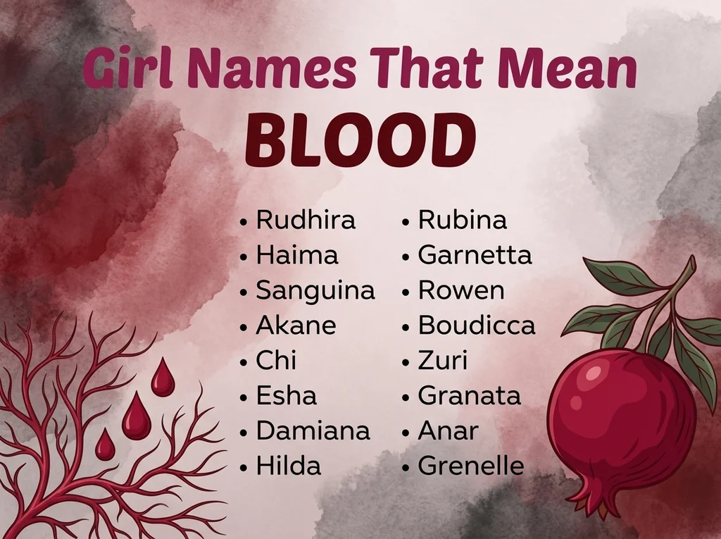 Infographic of girl names that mean blood: Rudhira, Rubina, Haima and Boudicca