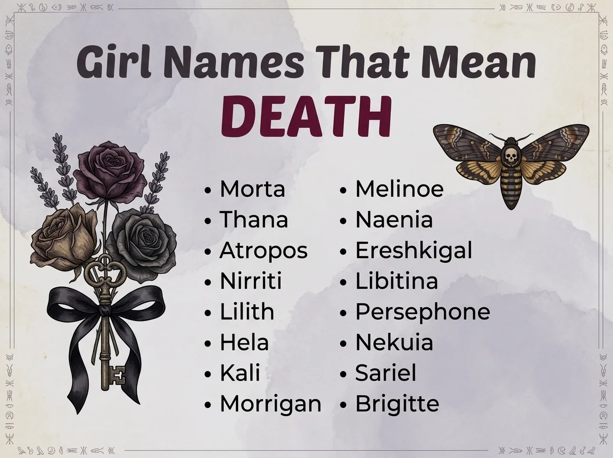 Infographic of girl names that mean death: Morta, Atropos, Libitina and Persephone