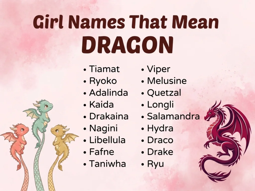 Infographic of girl names that mean dragon: Tiamat, Hydra, Draco and Ryoko