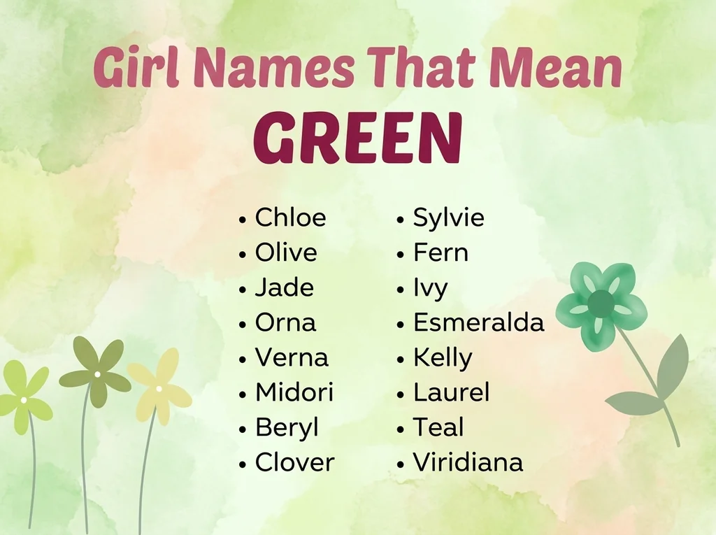Infographic of girl names that mean green: Chloe, Sylvie, Olive and Fern