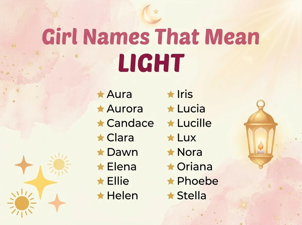 Infographic of girl names that mean light: Clara, Elena and Dawn