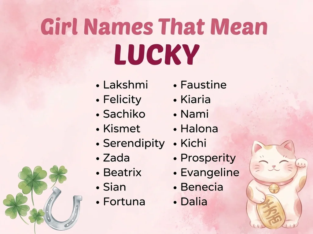 Infographic of girl names that mean lucky: Lakshmi, Felicity, Sachiko and Halona