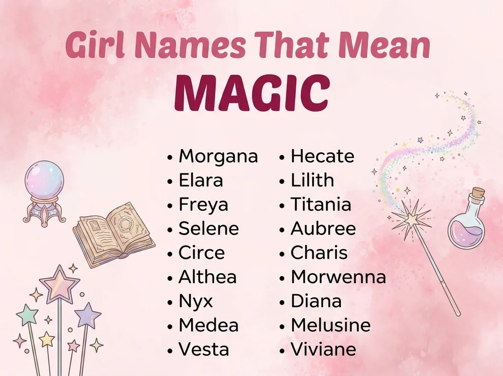 Infographic of girl names that mean magic: Morgana, Freya, Titania and Circe