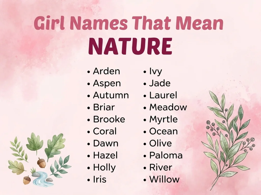 Infographic of girl names that mean nature: Laurel, Myrtle, Hazel and Willow