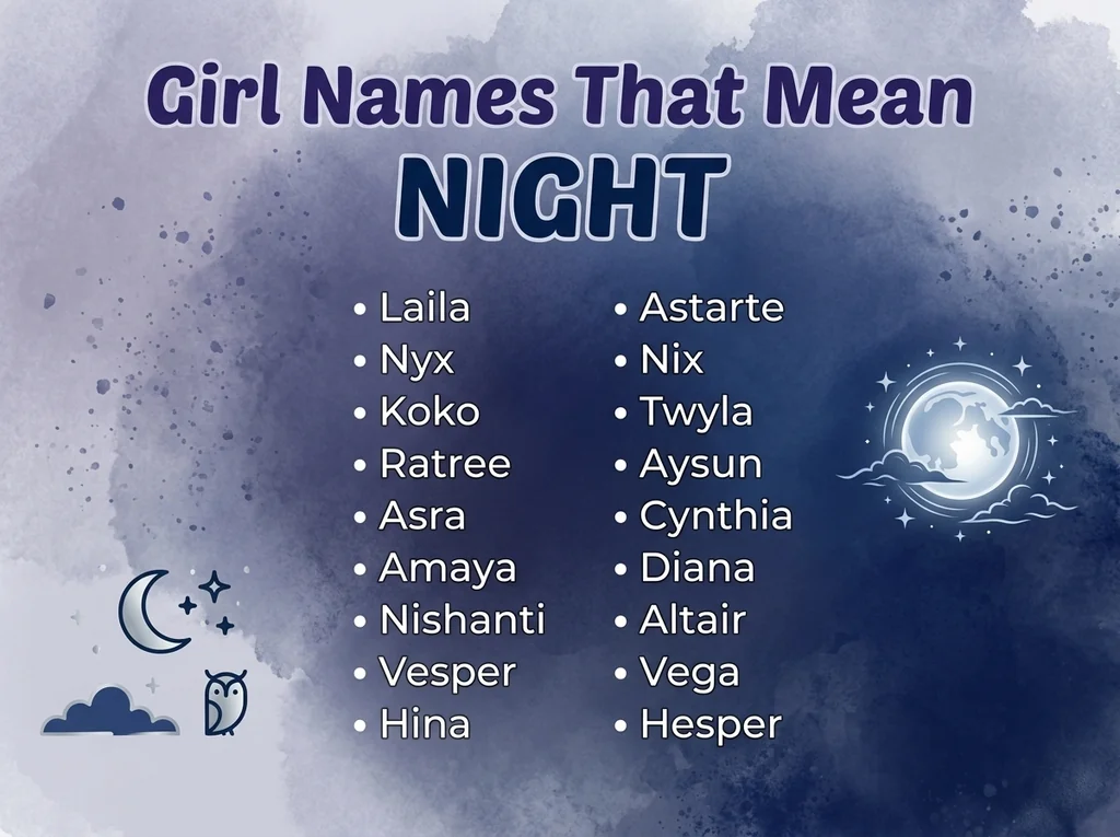 Infographic of girl names that mean night: Vesper, Hesper, Laila and Astarte