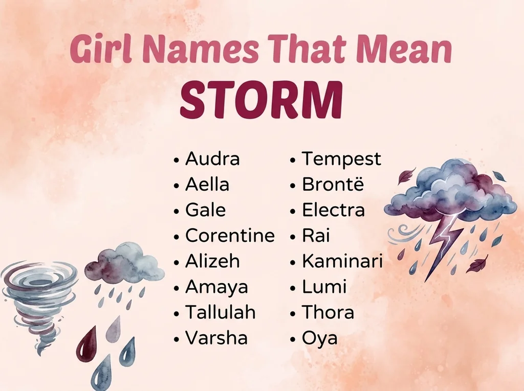 Infographic of girl names that mean storm: Audra, Tempest, Aella and Bronte