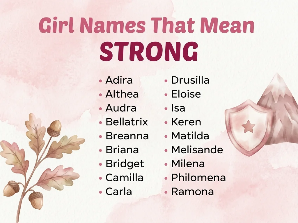 Infographic of girl names that mean strong: Keren, Matilda, Briana and Bridget