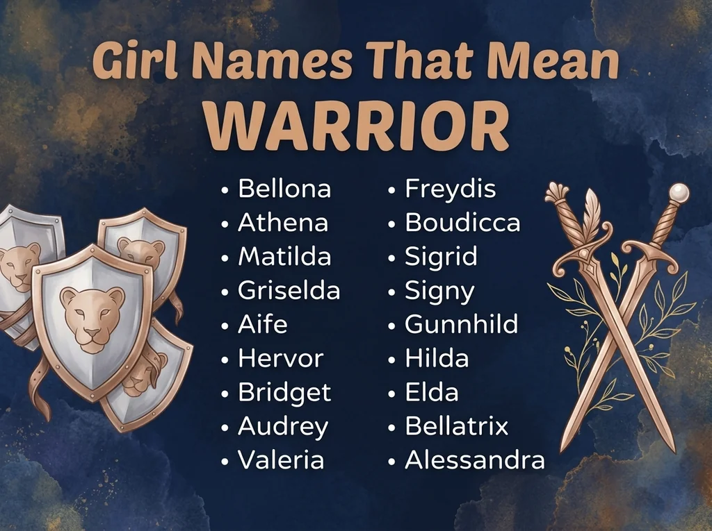 Infographic of girl names that mean warrior: Bellona, Matilda, Sigrid and Griselda