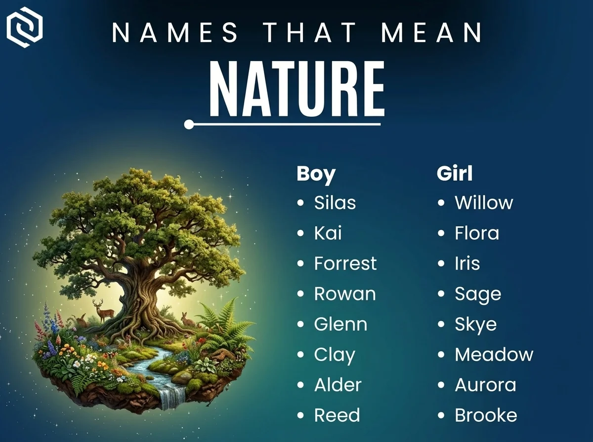 Infographic of boy and girl names that mean nature: Willow, Flora, Forrest and Rowan
