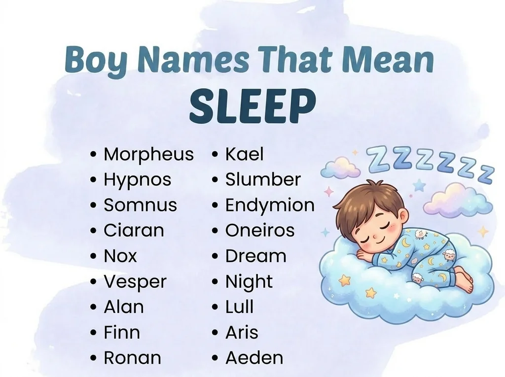 Infographic of boy names that mean sleep: Hypnos, Somnus, Endymion and Nox
