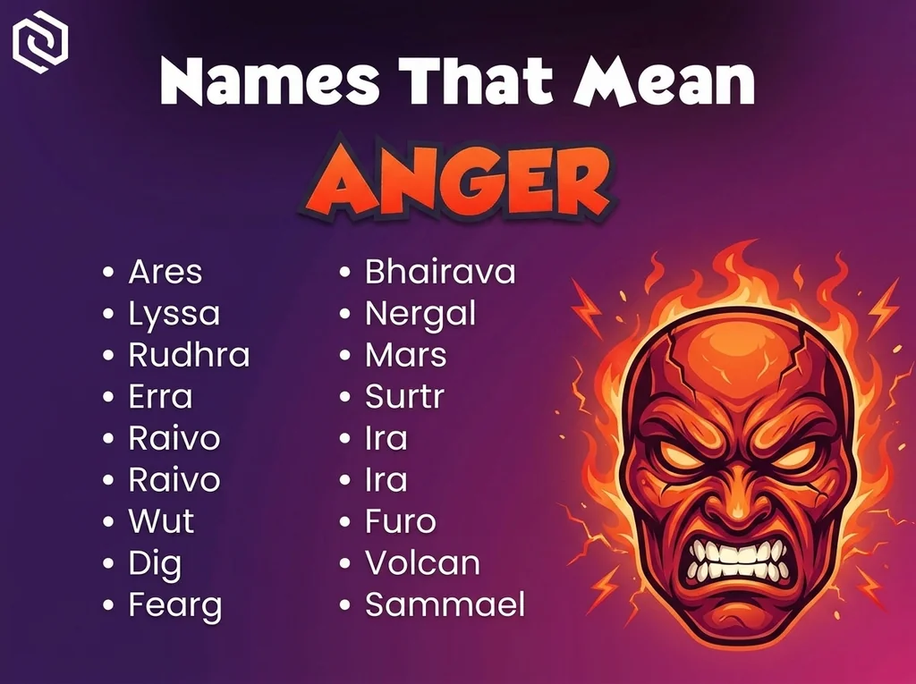 Infographic of baby names that mean anger: Ares, Mars, Ira and Bhairava