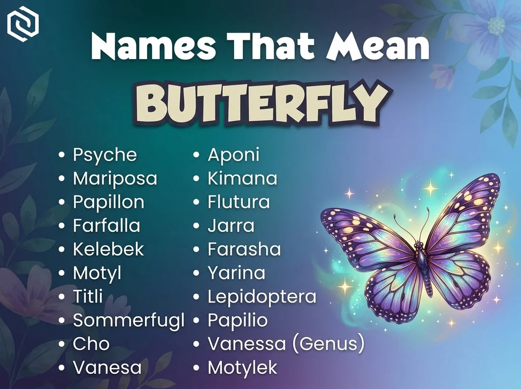 Infographic of baby names that mean butterfly: Psyche, Aponi, Mariposa and Papillon