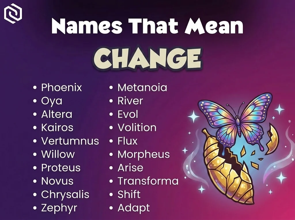 Infographic of baby names that mean change: Metanoia, Kairos, Vertumnus and Proteus