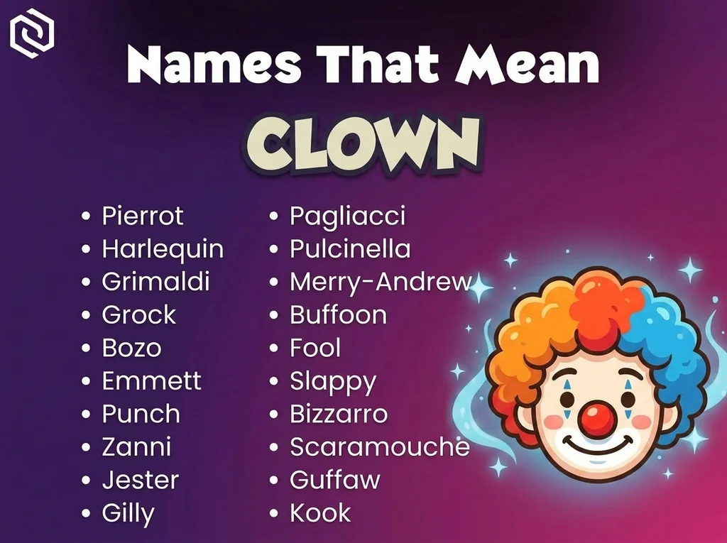 Infographic of baby names that mean clown: Pierrot, Harlequin, Pulcinella and Grimaldi