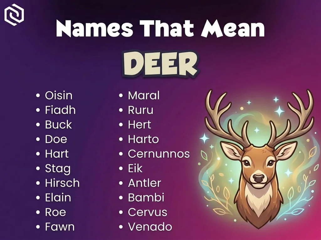Infographic of baby names that mean deer: Buck, Doe, Hart and Cernunnos
