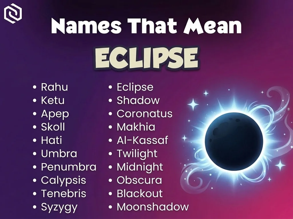 Infographic of baby names that mean eclipse: Rahu, Ketu, Apep and Skoll