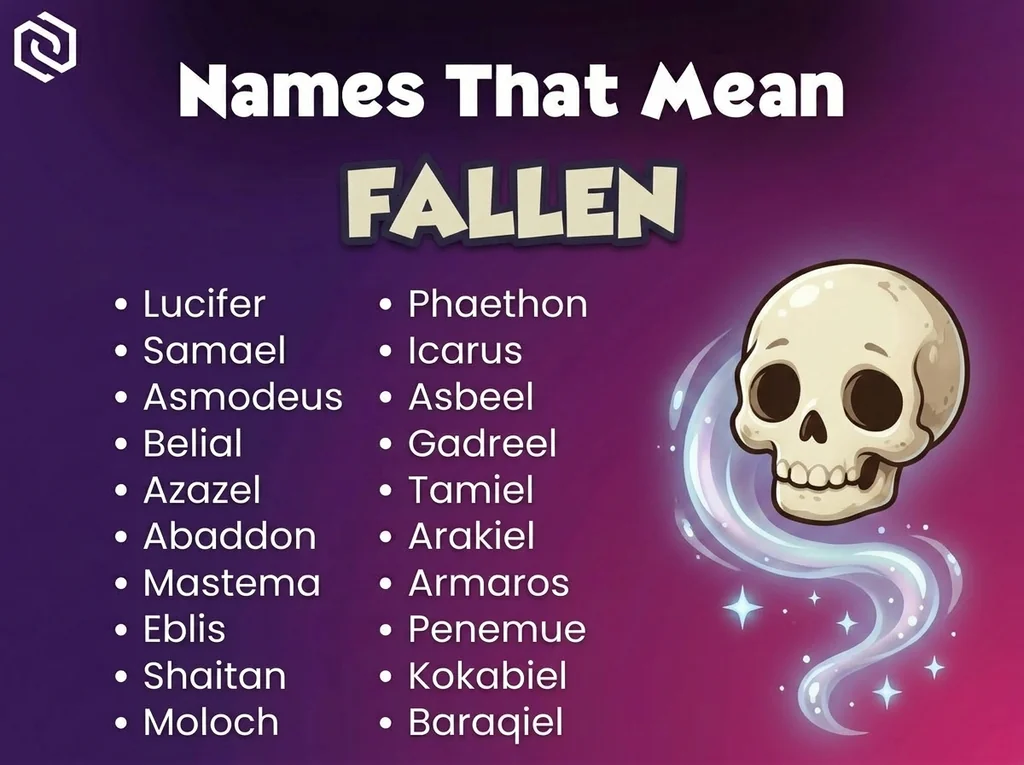 Infographic of baby names that mean fallen: Lucifer, Samael, Asmodeus and Belial