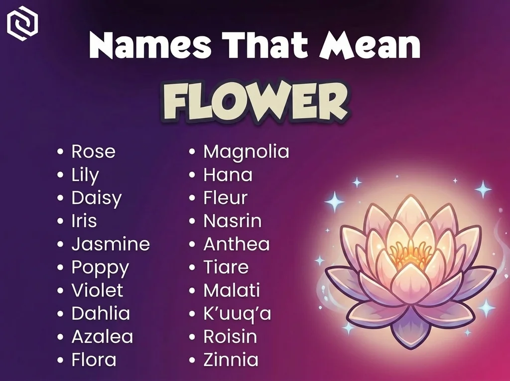 Infographic of girl names that mean flower: Hana, Fleur, Nasrin and Anthea