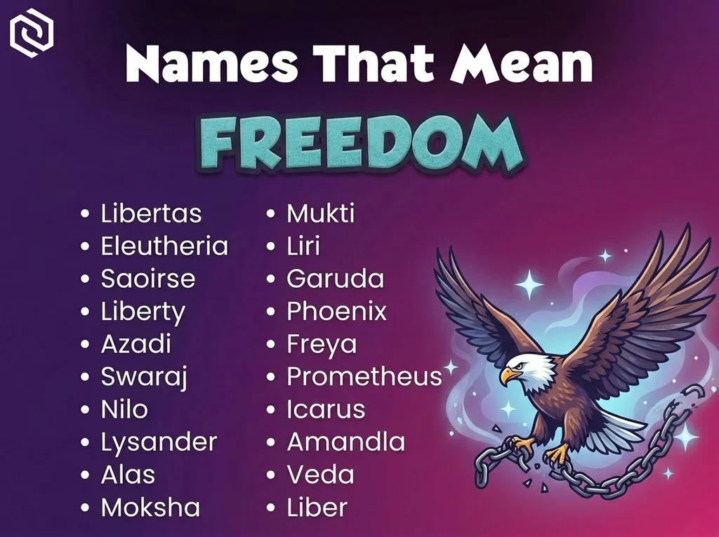 Infographic of baby names that mean freedom: Libertas, Eleutheria, Saoirse and Liberty
