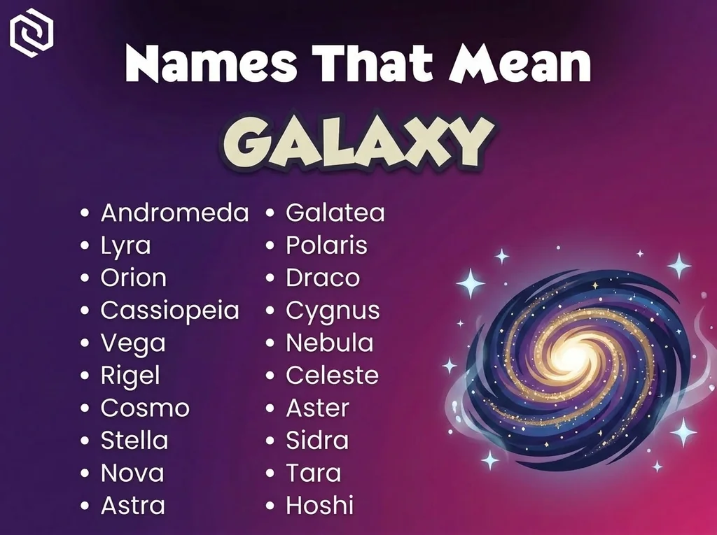 Infographic of baby names that mean galaxy: Lyra, Orion, Draco and Cygnus