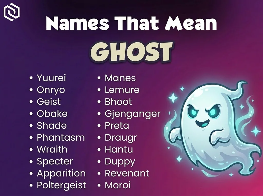 Infographic of baby names that mean ghost: Yuurei, Manes, Geist and Obake