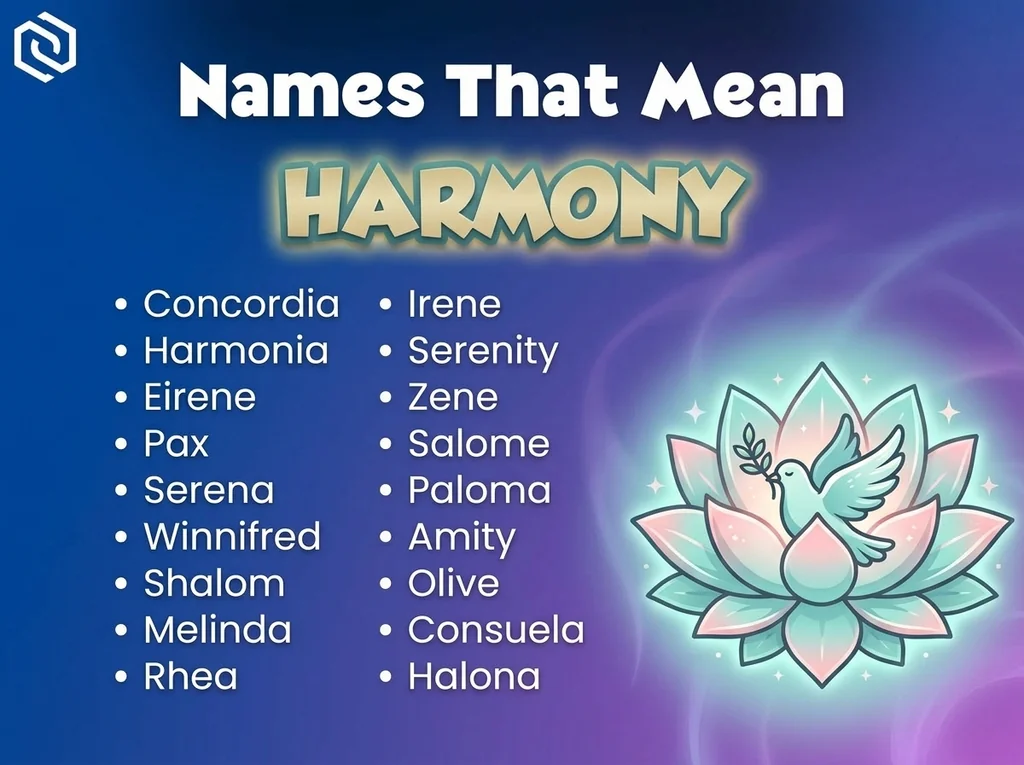 Infographic of baby names that mean harmony: Concordia, Harmonia, Serenity and Pax