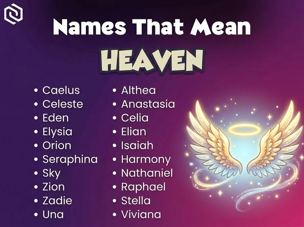 Infographic of baby names that mean heaven: Celeste, Eden, Celia and Elysia