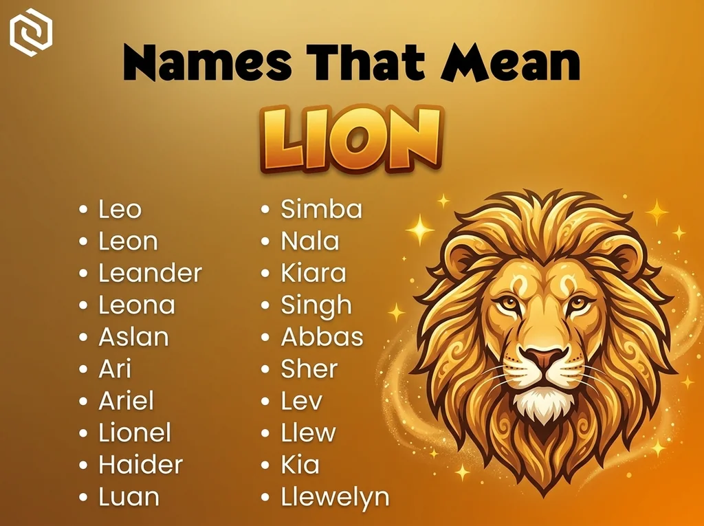 Infographic of baby names that mean lion: Leo, Simba, Leon and Nala