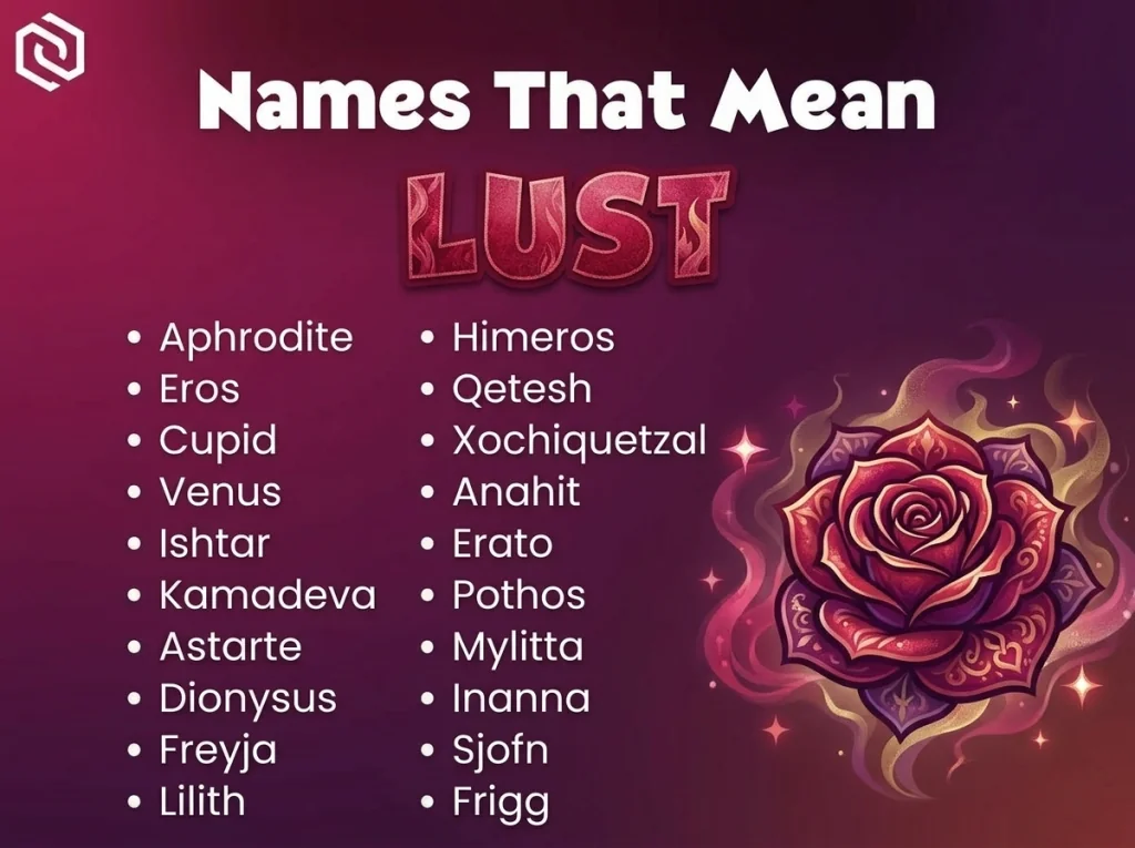 Infographic of baby names that mean lust: Himeros, Eros, Cupid and Venus