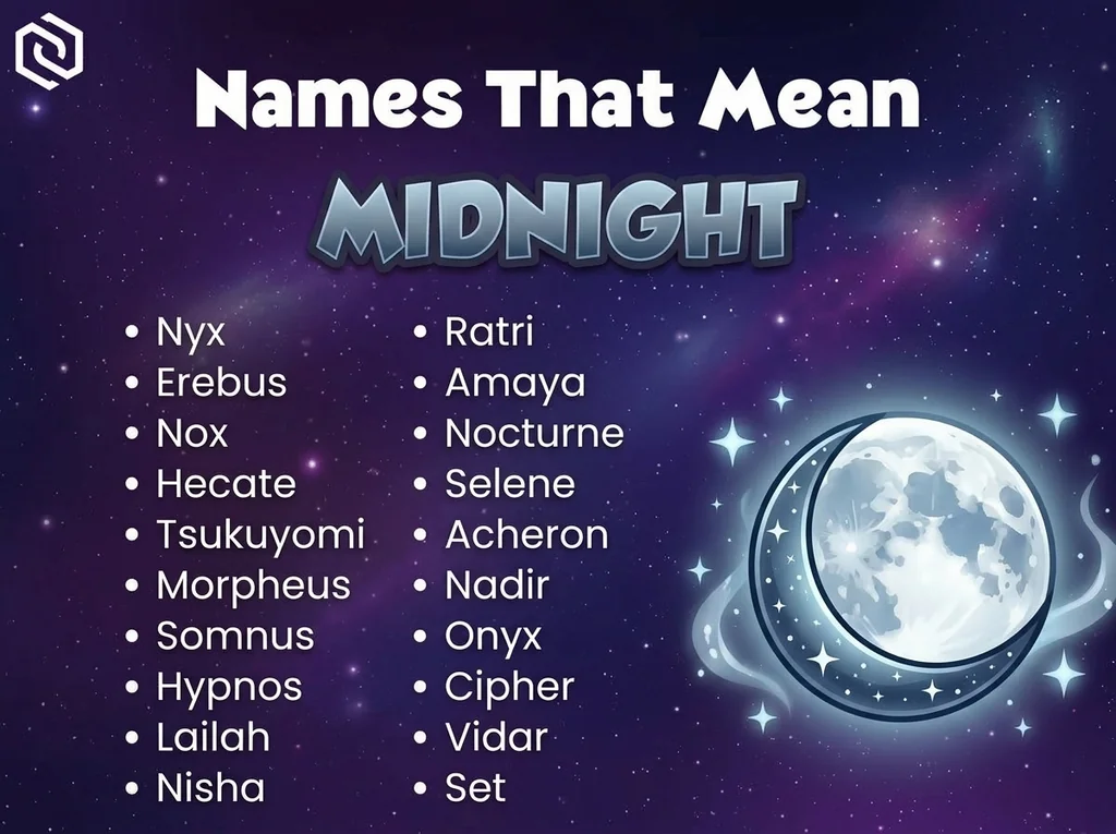 Infographic of baby names that mean midnight: Nox, Nyx, Ratri and Amaya