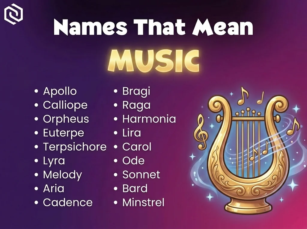 Infographic of baby names that mean music: Apollo, Raga, Orpheus and Euterpe